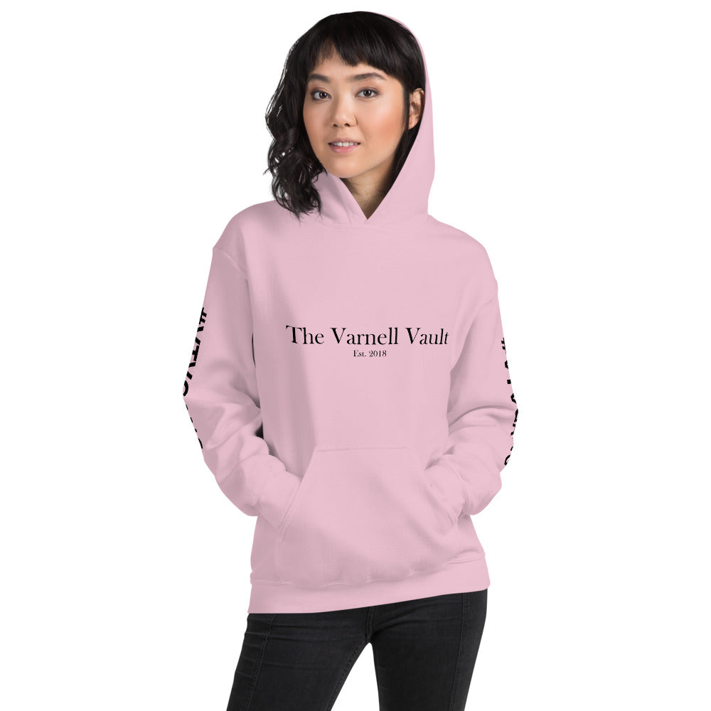 The Varnell Vault Unisex Hoodie with black #VTVGANG sleeve