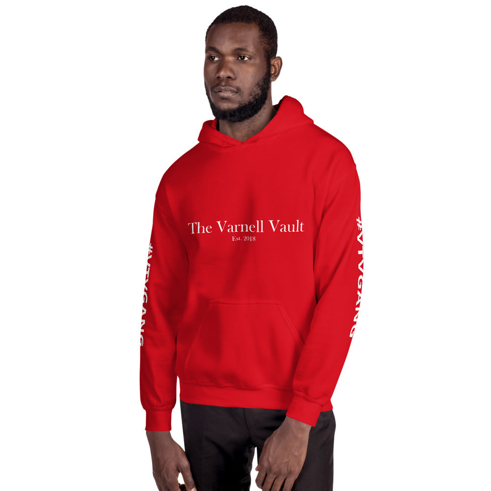 The Varnell Vault Unisex Hoodie with white #VTVGANG sleeve