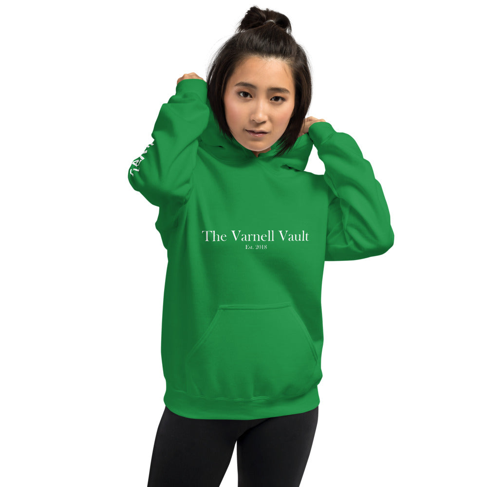 The Varnell Vault Unisex Hoodie with white #VTVGANG sleeve