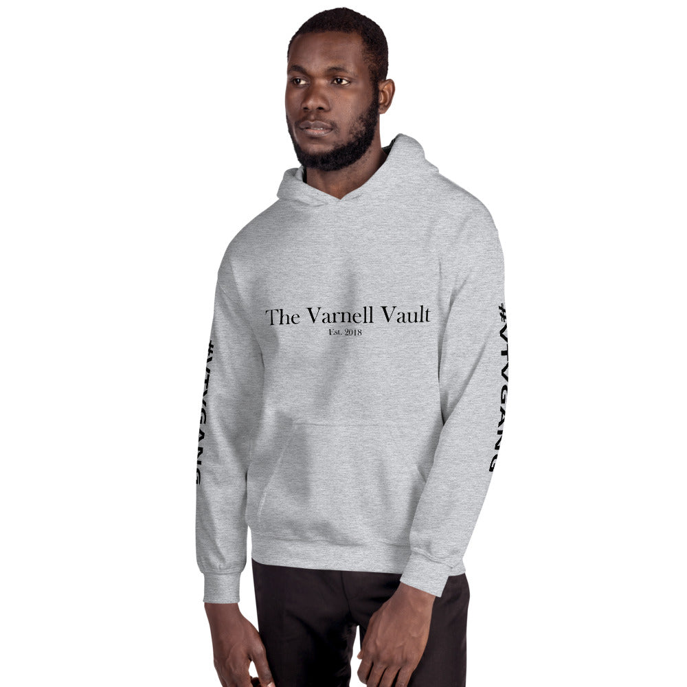 The Varnell Vault Unisex Hoodie with black #VTVGANG sleeve